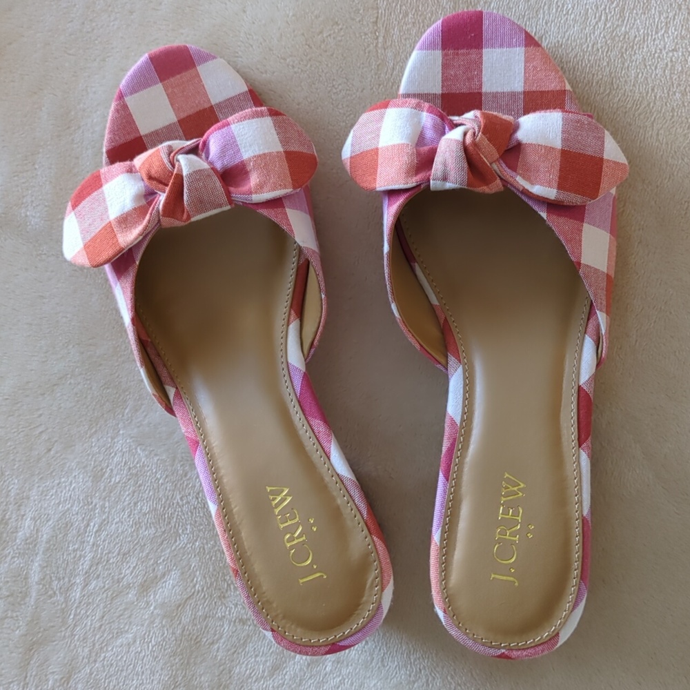 J. Crew Printed Plaid Clog Bow Heels Sandals Slide Sz 8 New Box Red White Purple - Picture 10 of 13